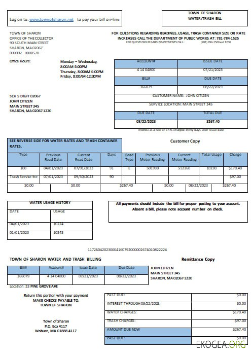 USA Sharon Town of Sharon water trash utility bill Word and PDF formats